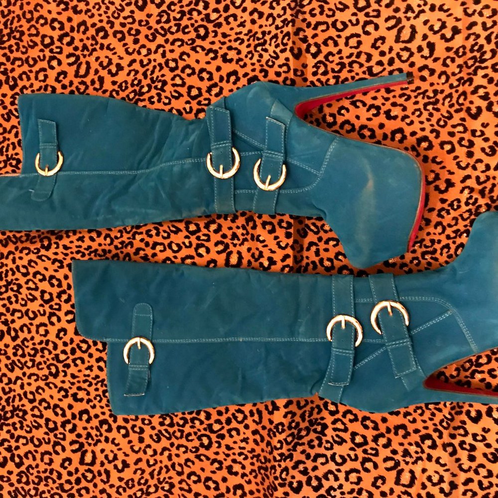 AMI Blue Suede Buckled Knee High Pink Bottom Boot